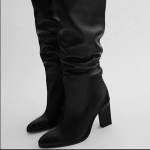 Copy Zara Slouchy Heeled High Shaft Leather Boot